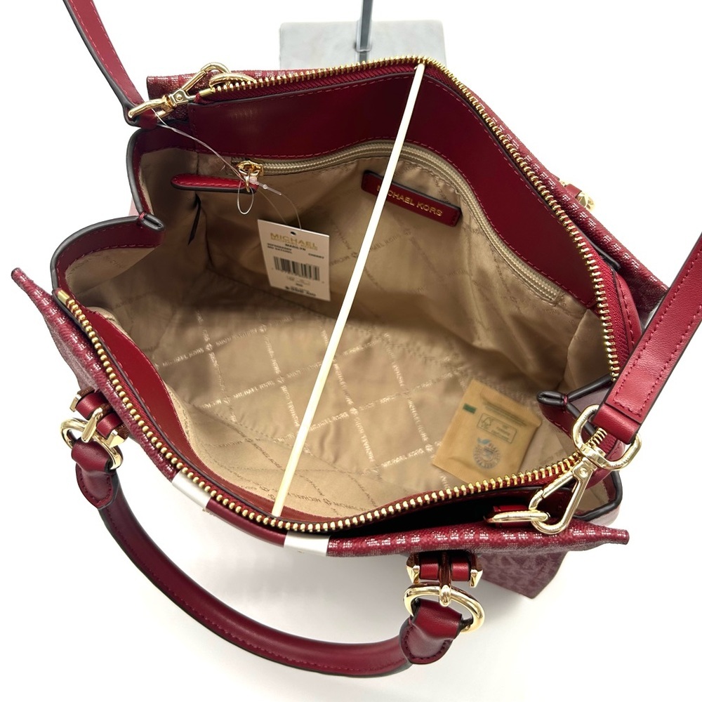 Michael Kors Marilyn Medium Signature Logo Stripe Satchel Bag Cherry - Picture 8 of 10